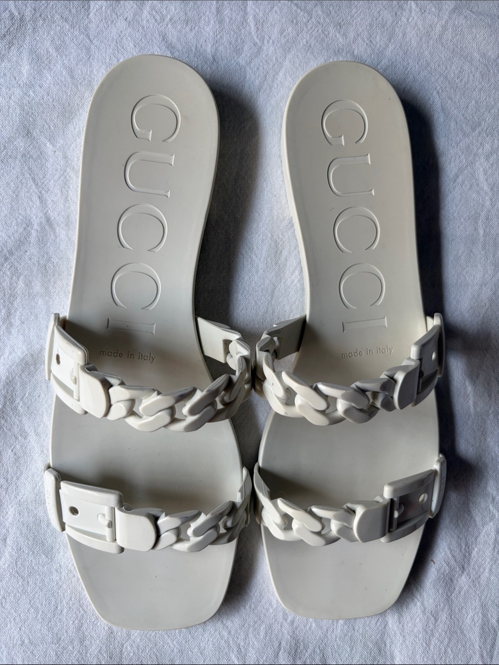 Gucci White Chain-Link Double Strap Slide Sandals